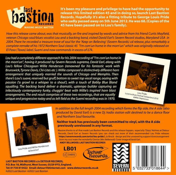 Lou Pride - I'm Com'un Home In The Morn'un (Radio Edit) / (Full Length) 45 (Last Bastion) 7