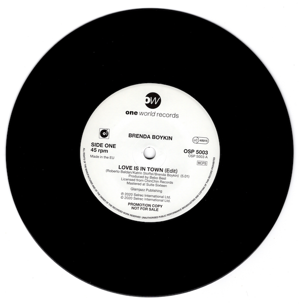 Brenda Boykin - Love Is In Town / Hard Swing Travellin' Man PROMO 45 (One World) 7" Vinyl