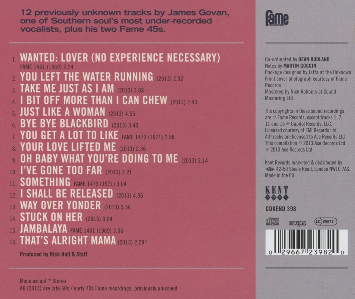 James Govan - Wanted - The Fame Recordings CD (Back Cover)