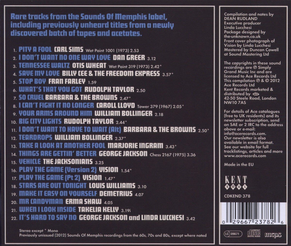 Lost Soul Gems From Sounds Of Memphis CD (Back Cover)